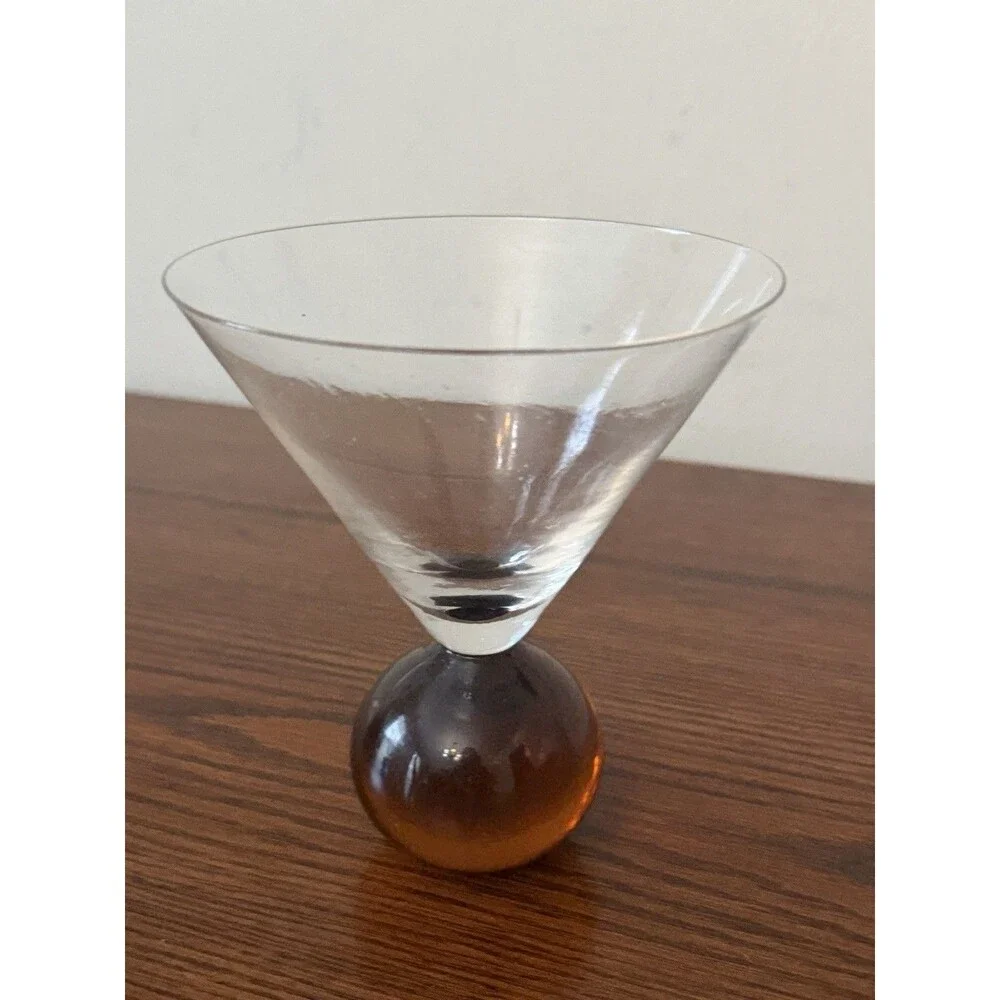 Set of 2 Post Modern Clear Glass Martini Glasses Blue & Amber Ball Base